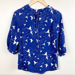 Akiko | 100% Silk Peasant Blouse Birds Clouds